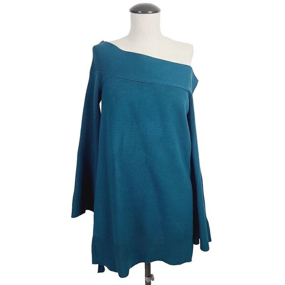 Anthropologie Womens‎ Elise Ribbed Off Shoulder Sweater Medium Pullover Blue - Picture 1 of 8